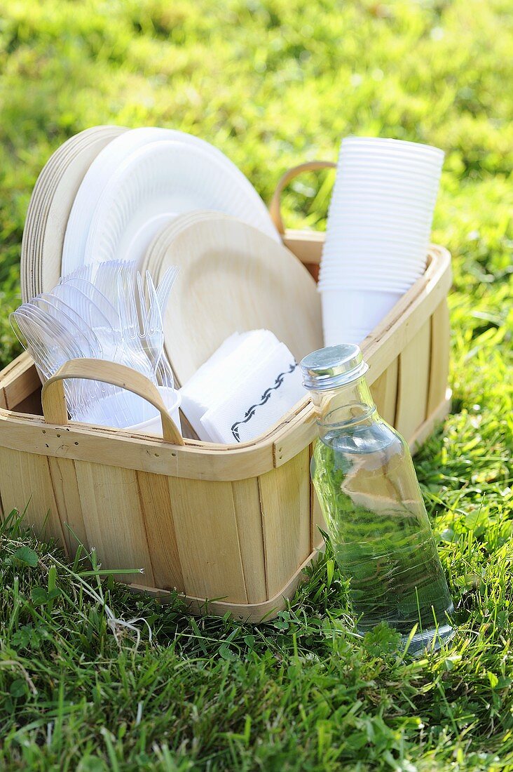 A basket with picnic crockery