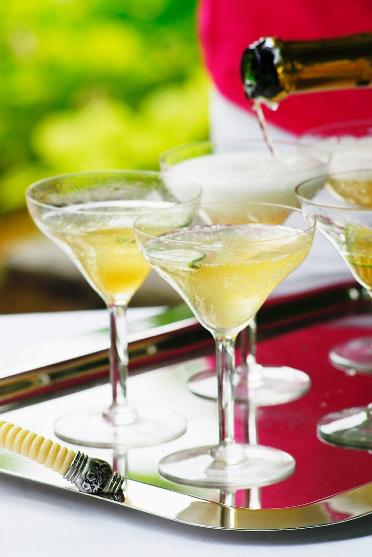 Champagne cocktails on a tray