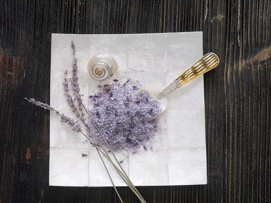 Fleur de sel with lavender, shells and a mother-of-pearl spoon