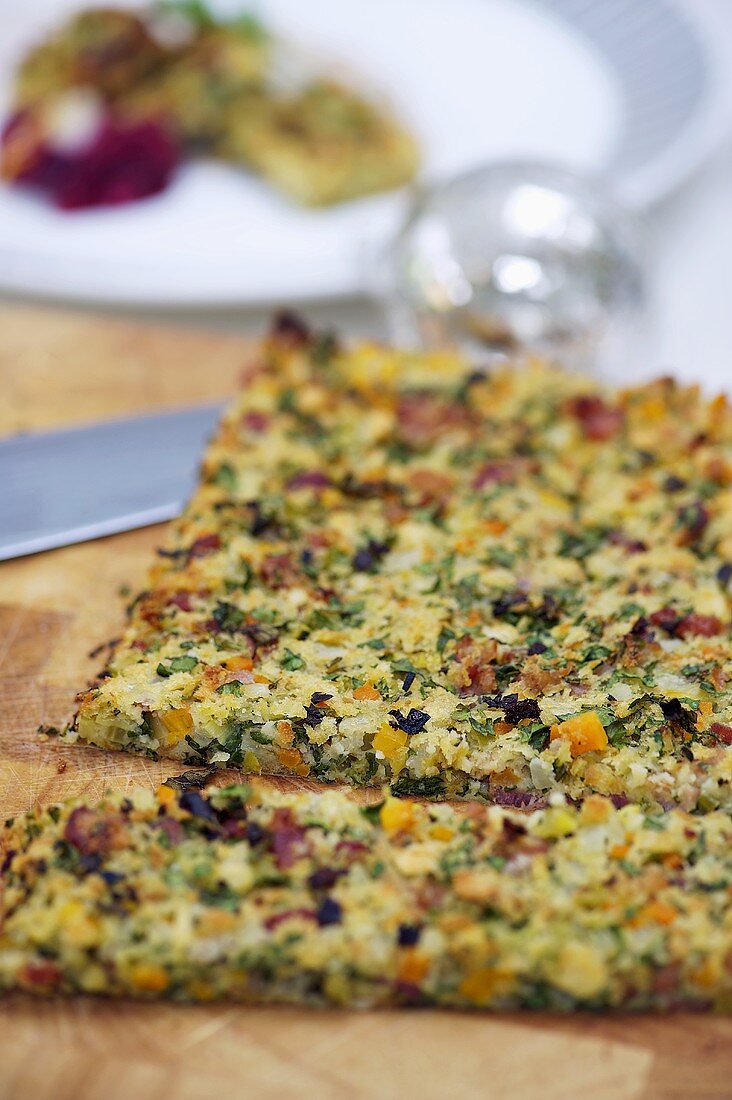 Chistmas bread stuffing on a chopping board