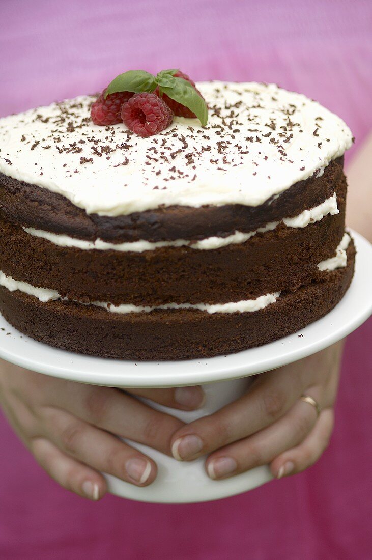 Hands holding a cake stand with a chocolate cream cake