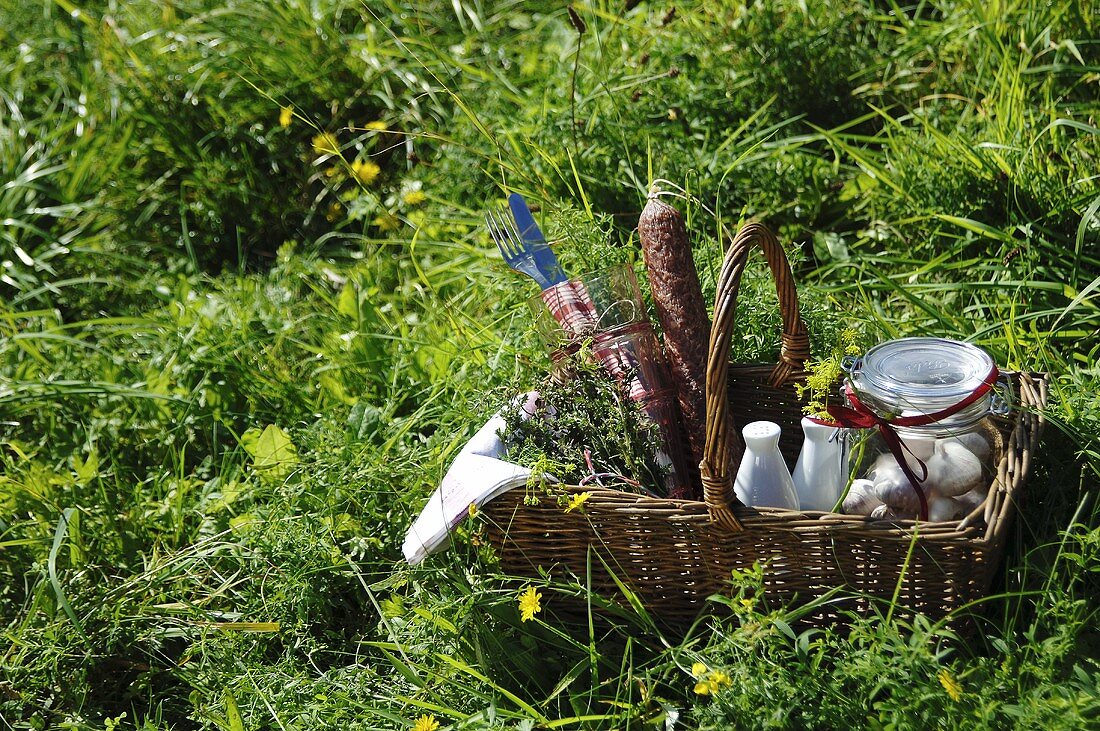 A picnic basket with salami, pickled garlic and herbs