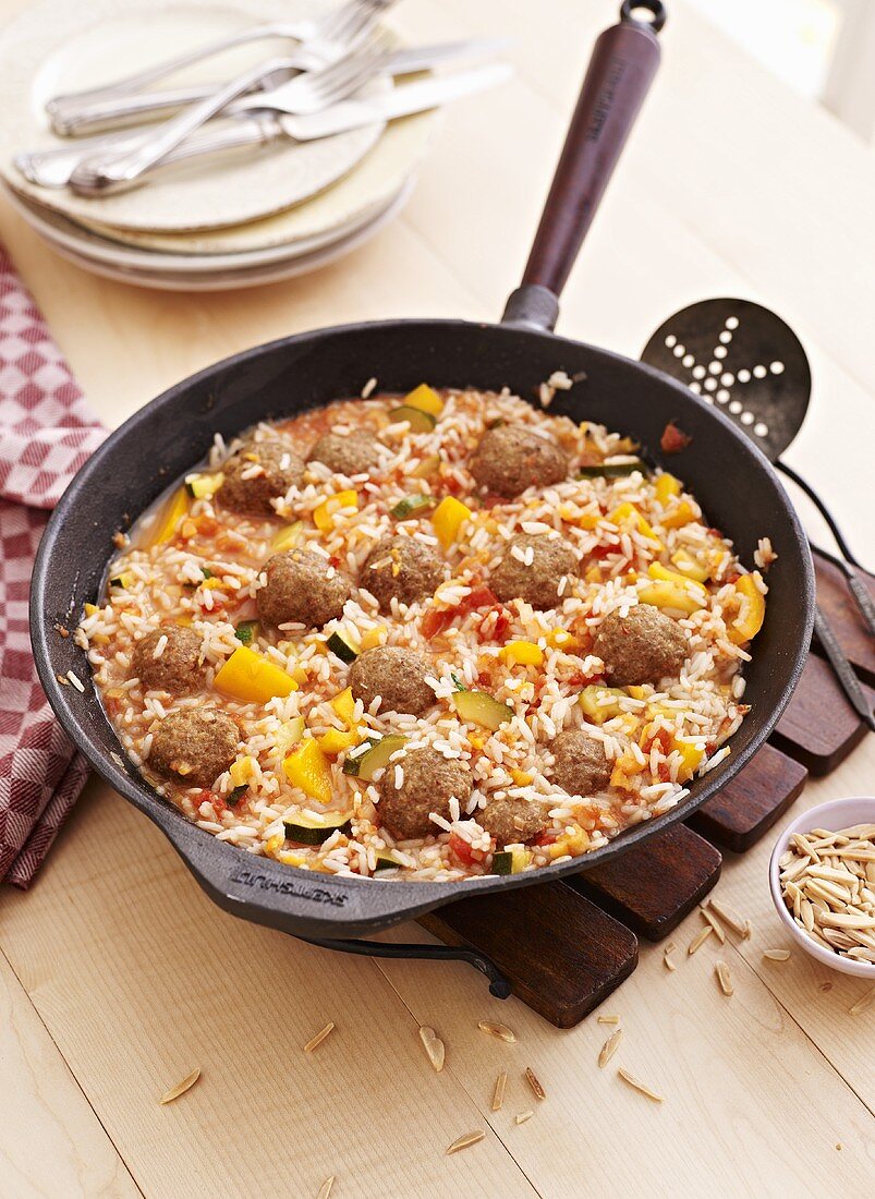 Oriental fried rice with meat balls