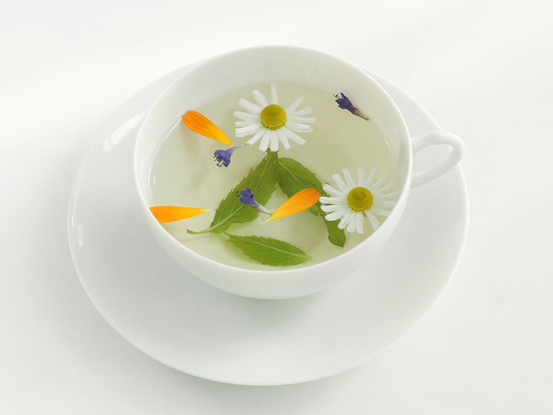A cup of herbal tea with camomile, marigold, hyssop and sage
