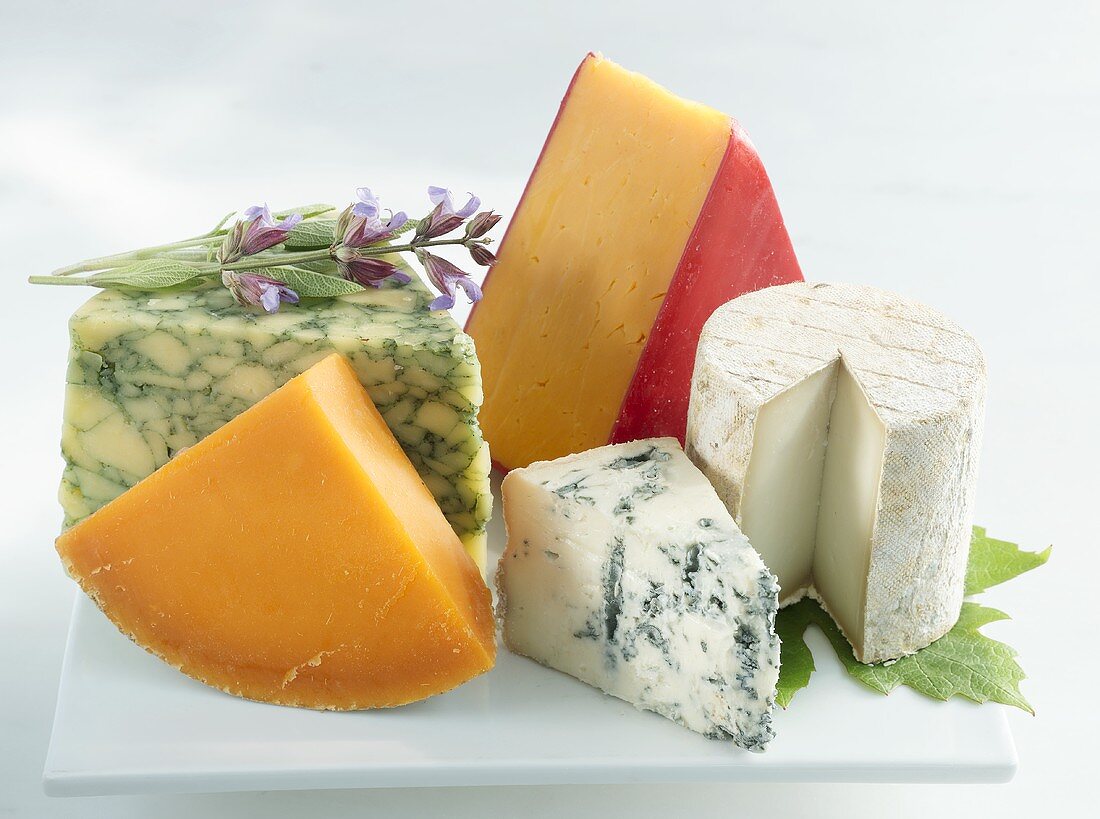 Various types of cheese: Roquefort, goats' cheese, red Cheddar, Mimolette, sage cheese