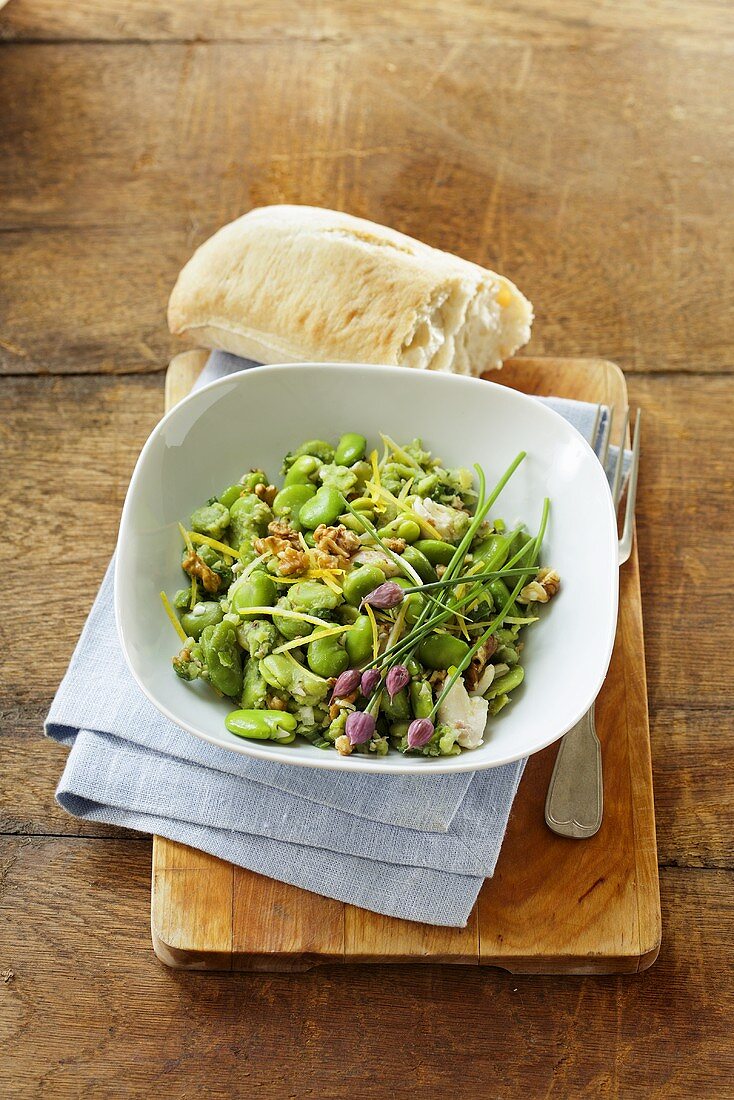 Broad bean salad with walnuts