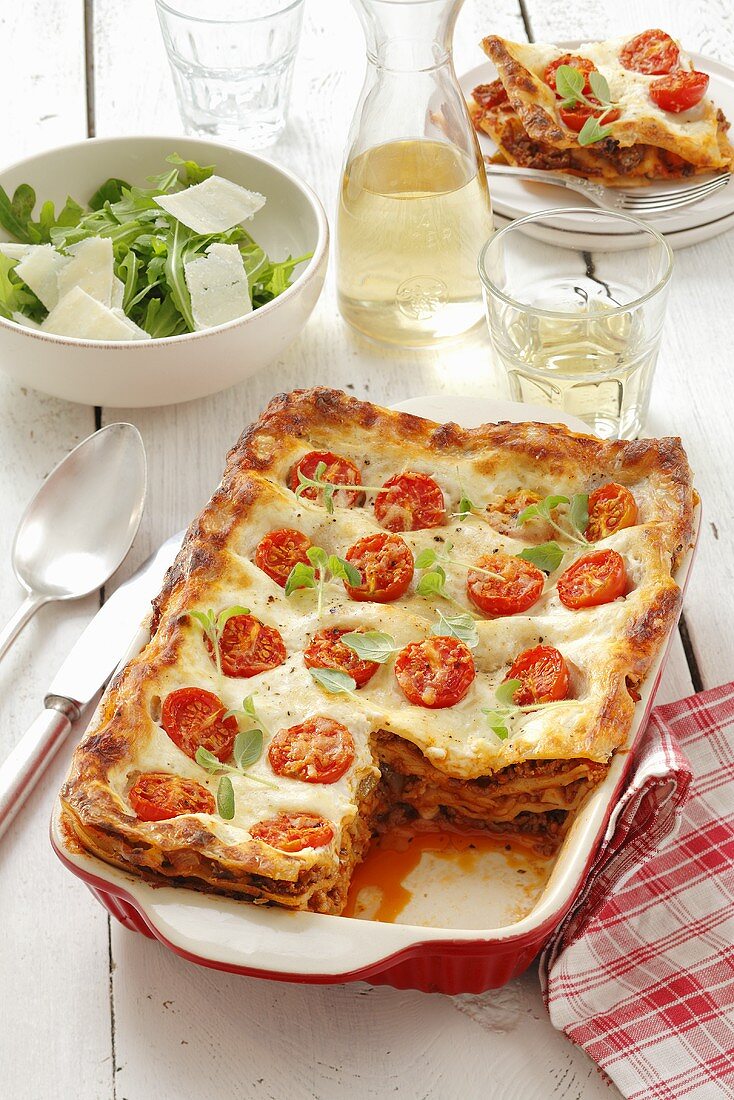 Lasagne with bolognese sauce and cocktail tomatoes
