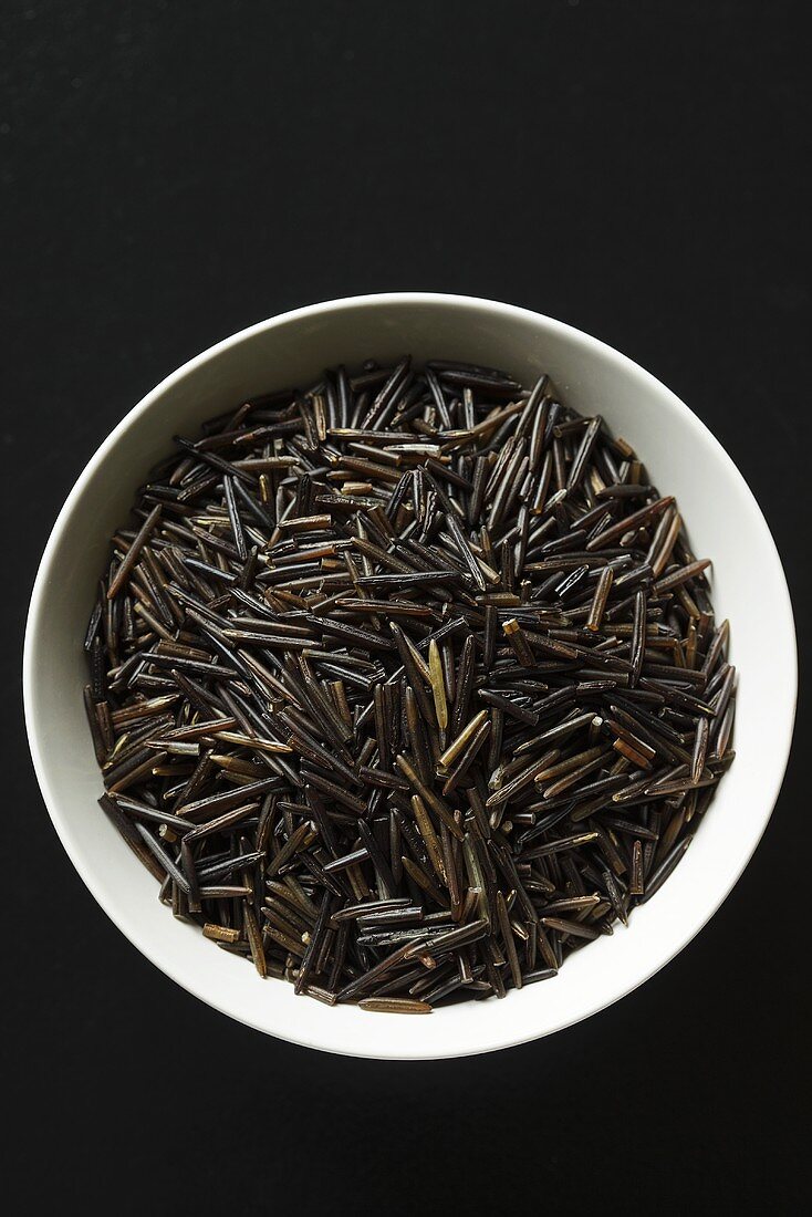 A bowl of wild rice, seen from above