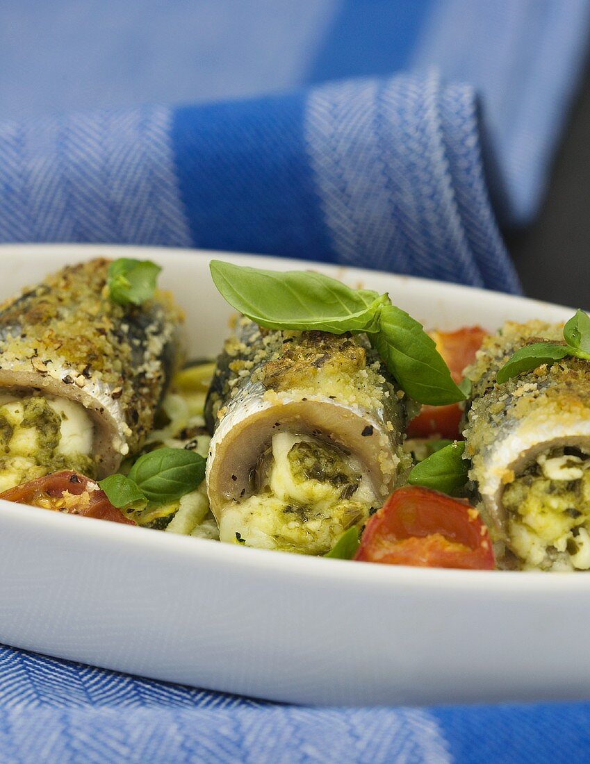 Herring rolls with feta and herb filling
