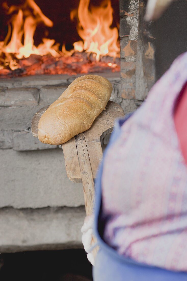 Bäuerin holt frisch gebackenes Brot aus dem Steinofen