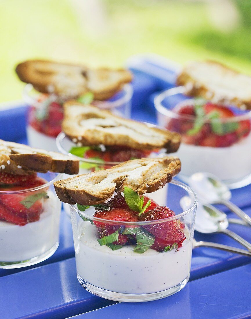 Panna cotta with strawberries and cinnamon cake in glasses