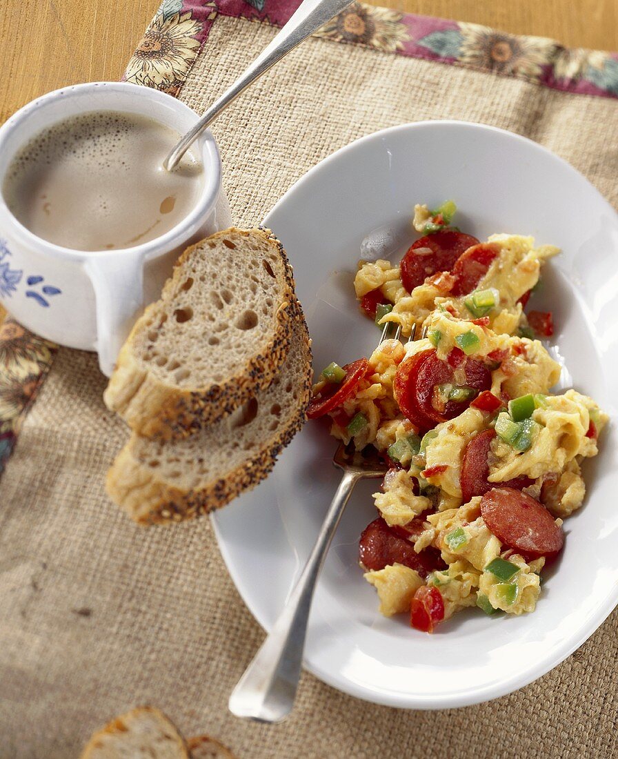 Scrambled egg with vegetables and cabanossi