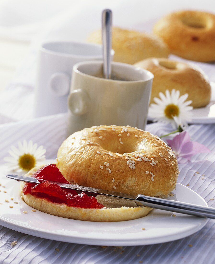 Bagel with strawberry jelly