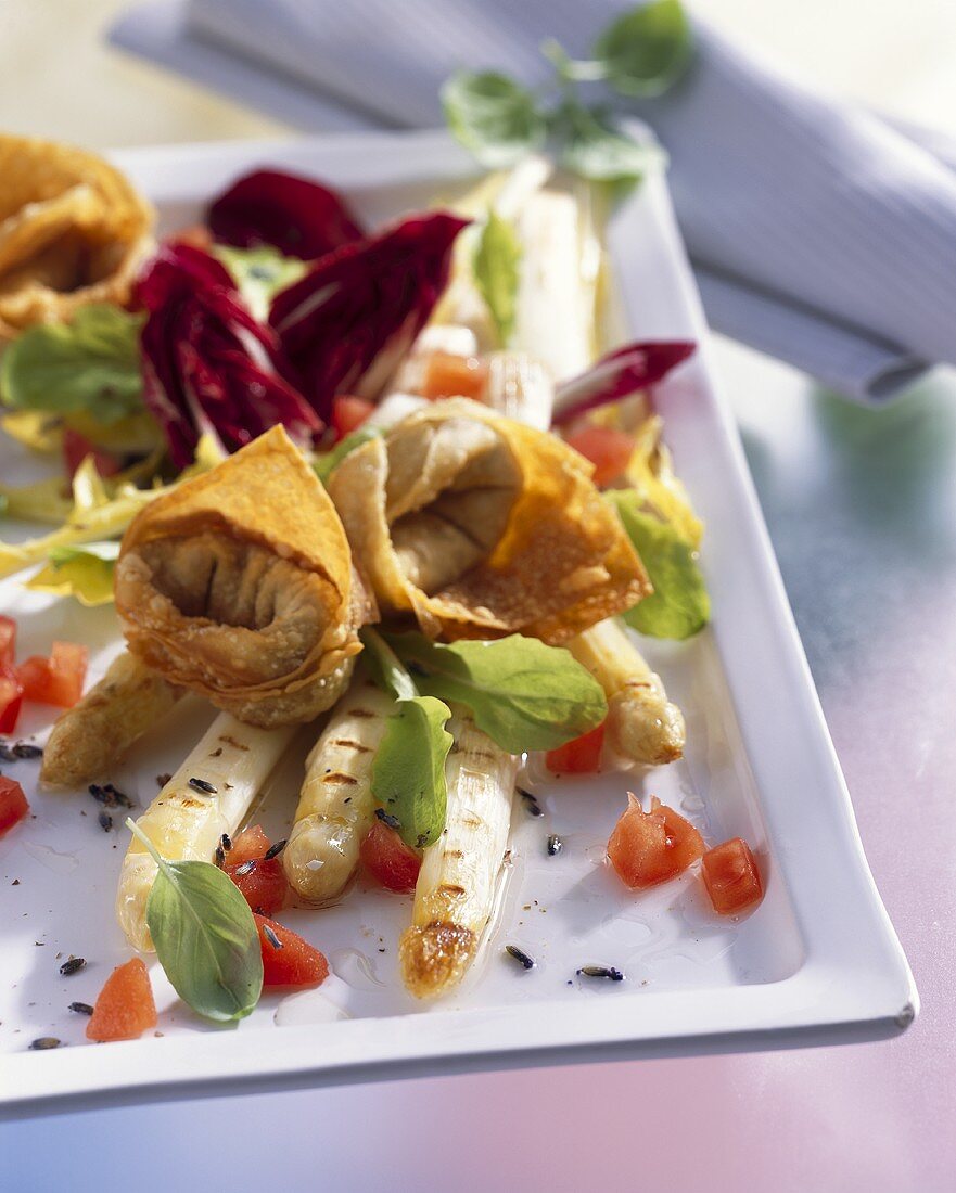 Frühlingssalat mit gegrilltem Spargel und Truthahn Won Tan