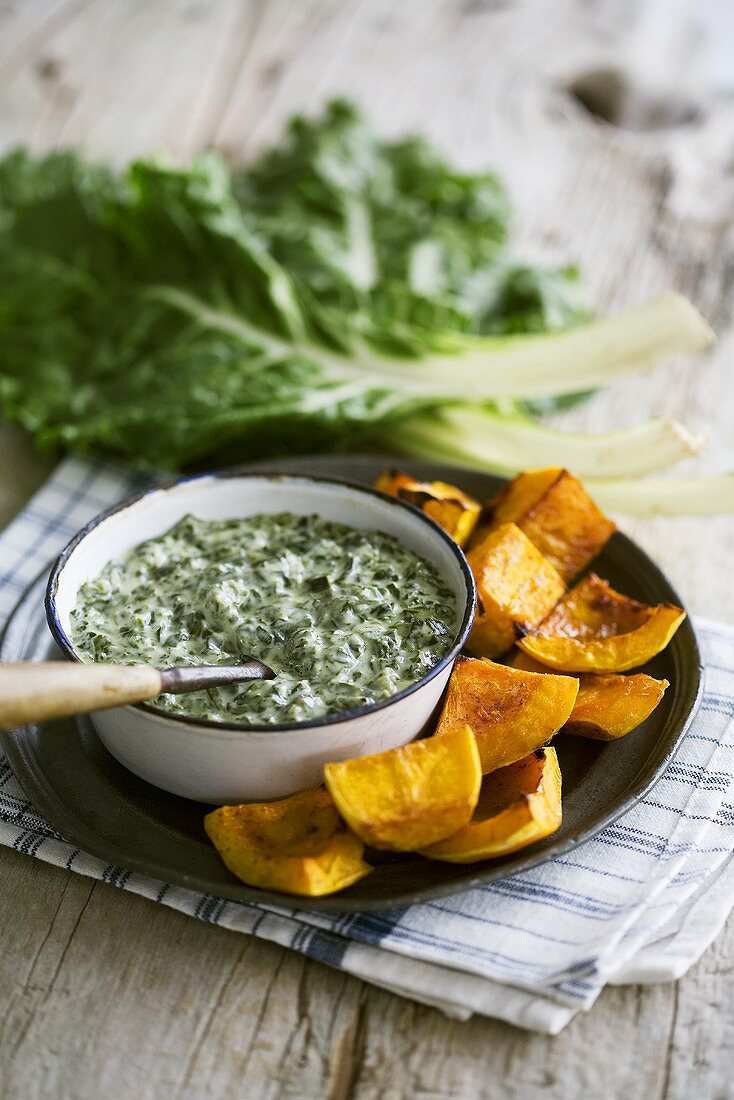 Creamed spinach with grilled butternut squash