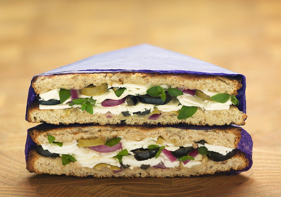 Two grilled feta sandwiches with olives and onion