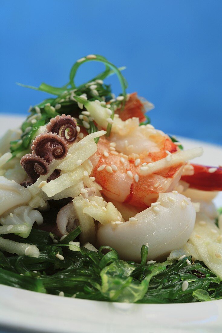 Seafood salad with seaweed