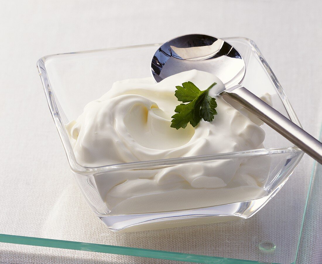 Crème double in a glass dish