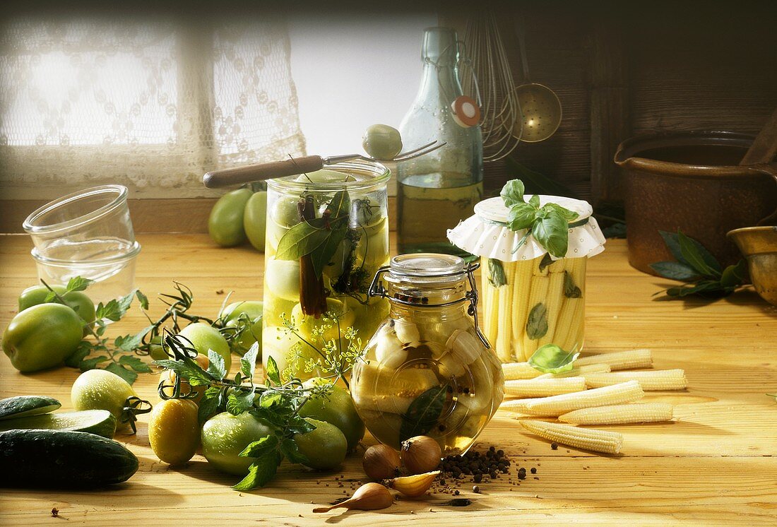 Pickled gherkins, green tomatoes, baby corn