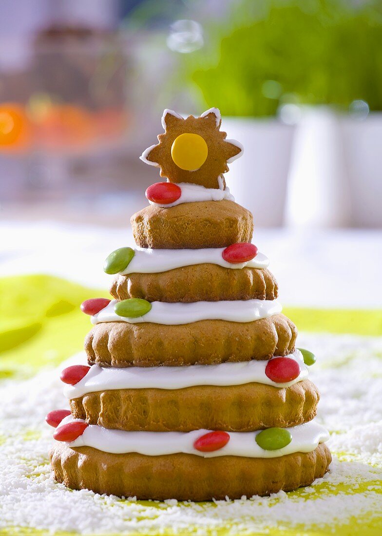 Christmas tree (Stacked biscuits with icing & chocolate beans)
