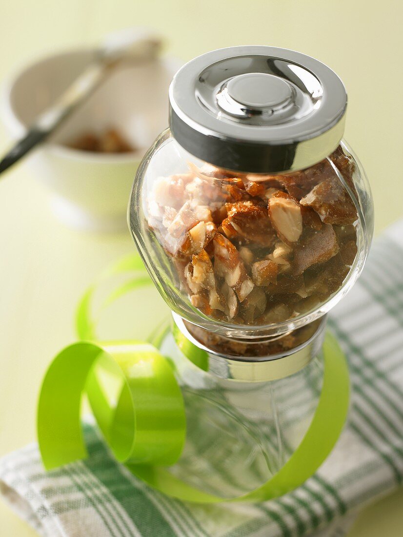 Almond brittle in a jar to give as a gift