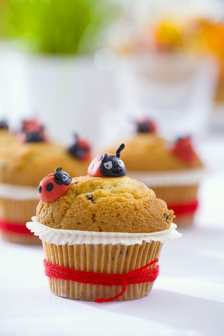 Muffin with marzipan ladybirds