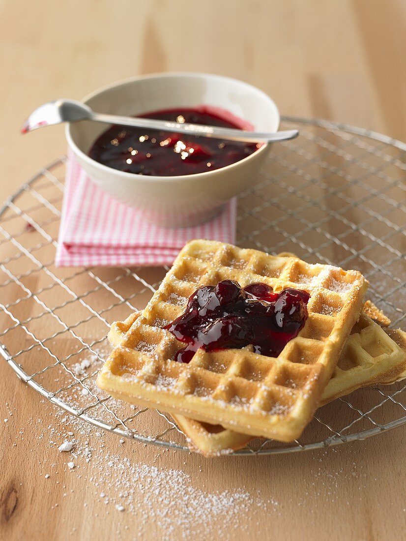 Waffles with sour cherry jam