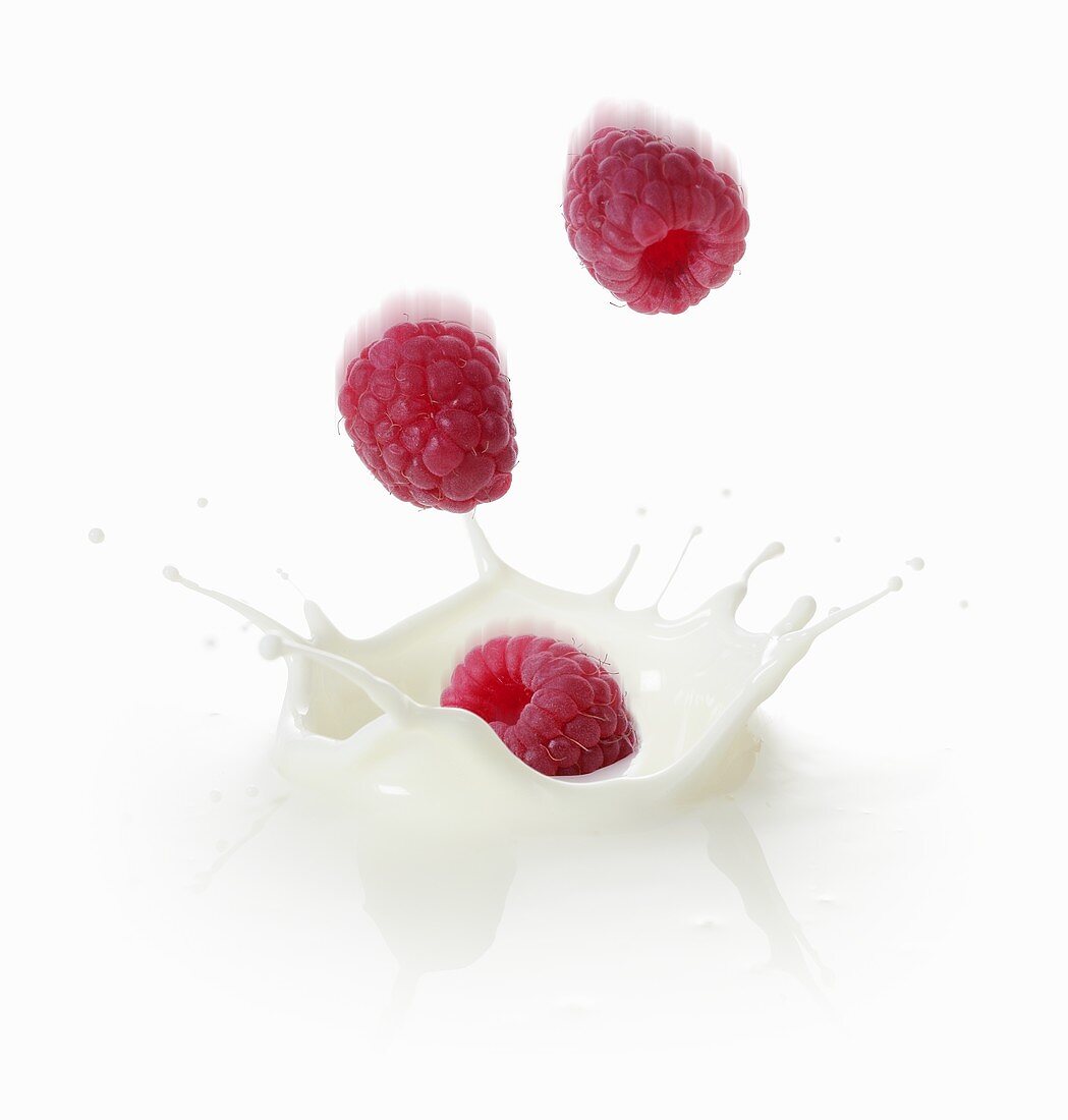 Raspberries falling into milk