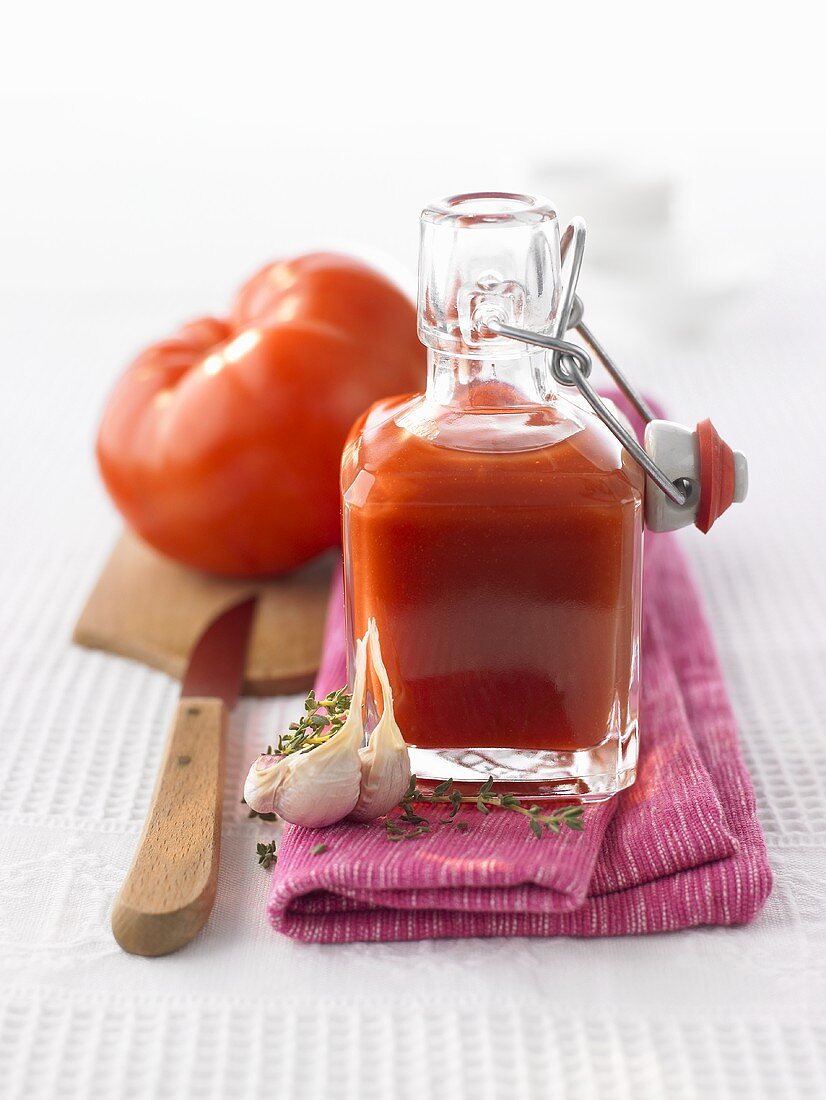 Selbstgemachtes Tomatenketchup in Glasflasche