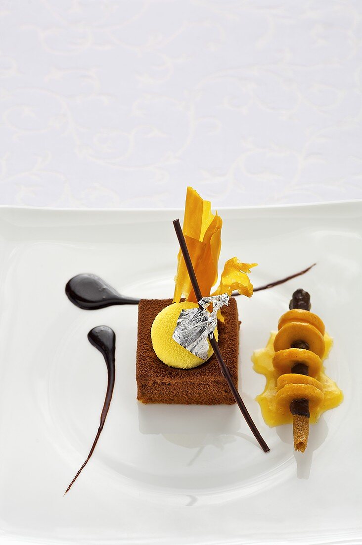 Elegant chocolate dessert with saffron and dates