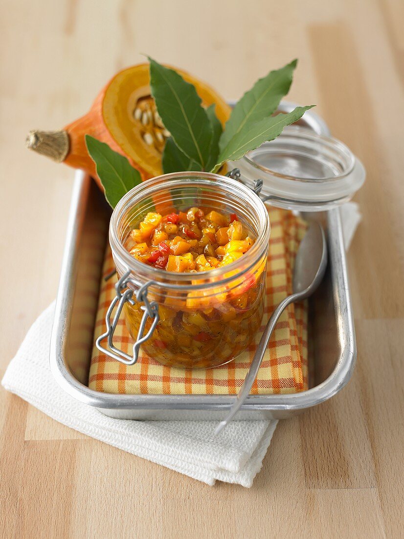 Home-made pumpkin chutney in a preserving jar