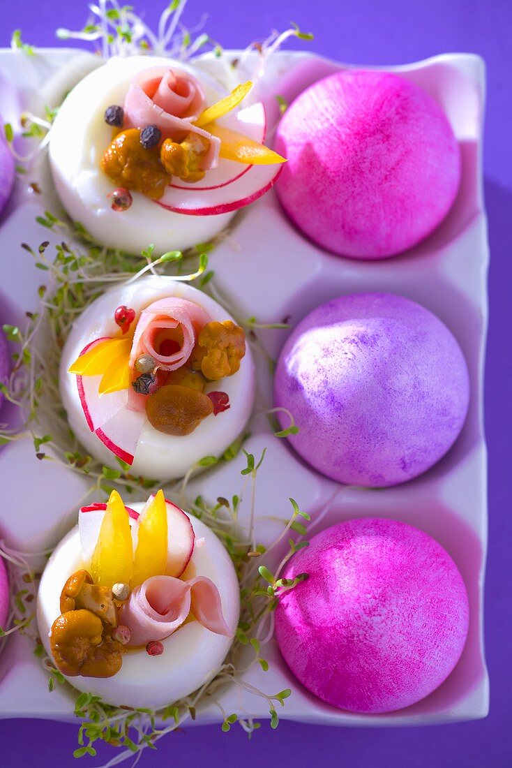 Boiled eggs stuffed with ham, mushrooms, peppers & cress, Easter eggs