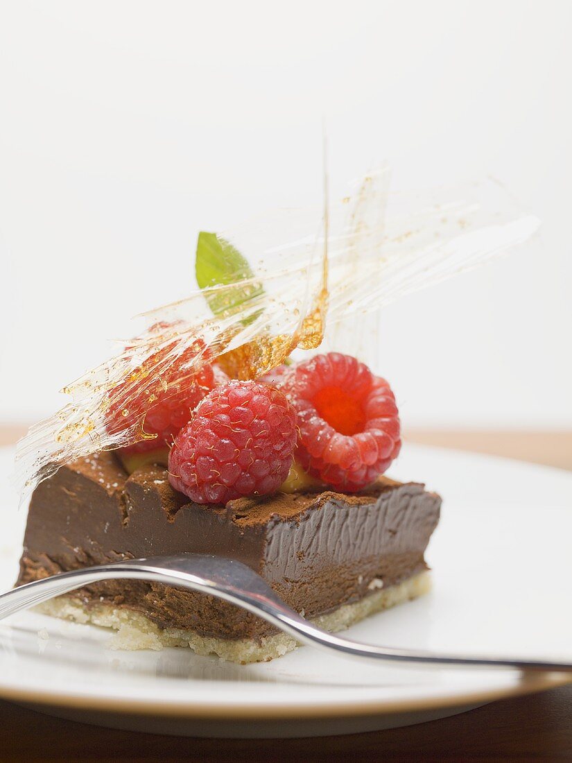 Piece of chocolate tart with a caramel fan and raspberries