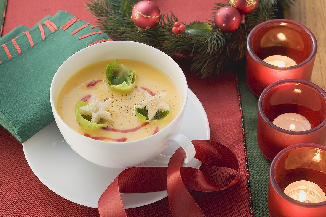 Pumpkin soup with Brussels sprouts for Christmas