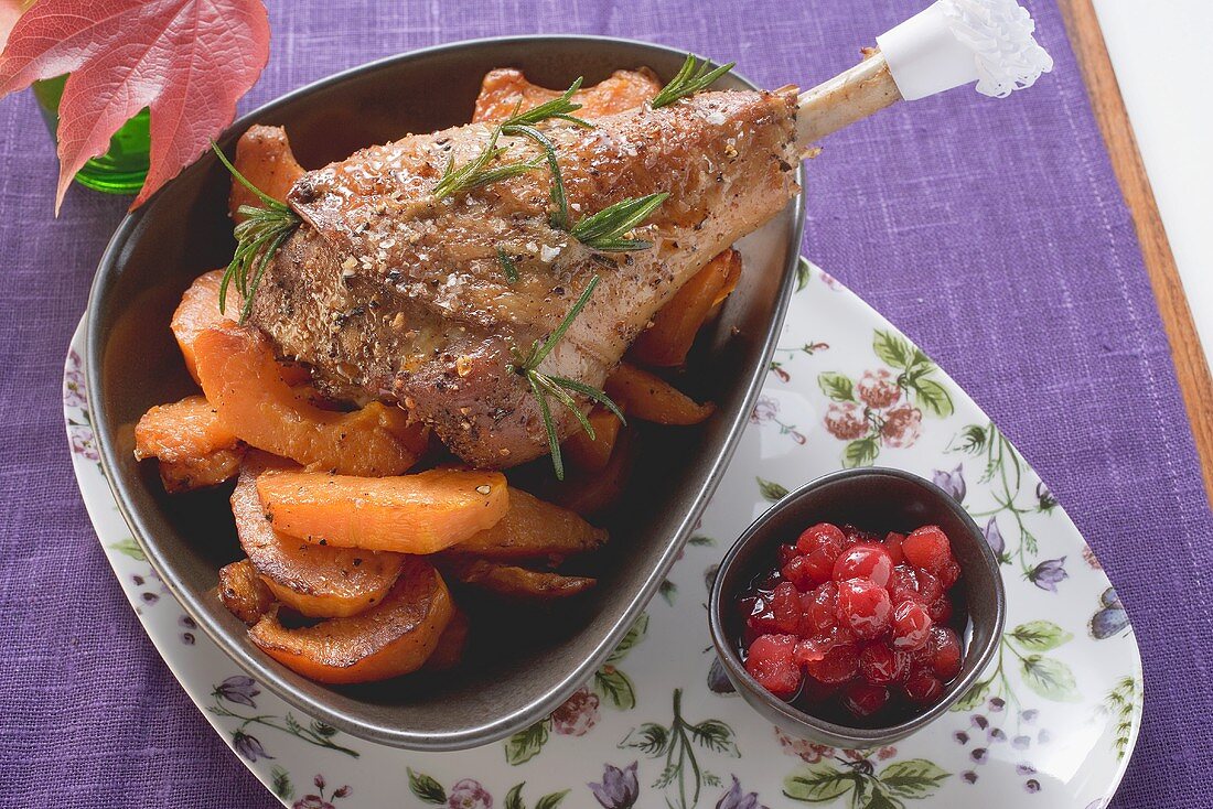 Turkey leg with pumpkin and cranberries