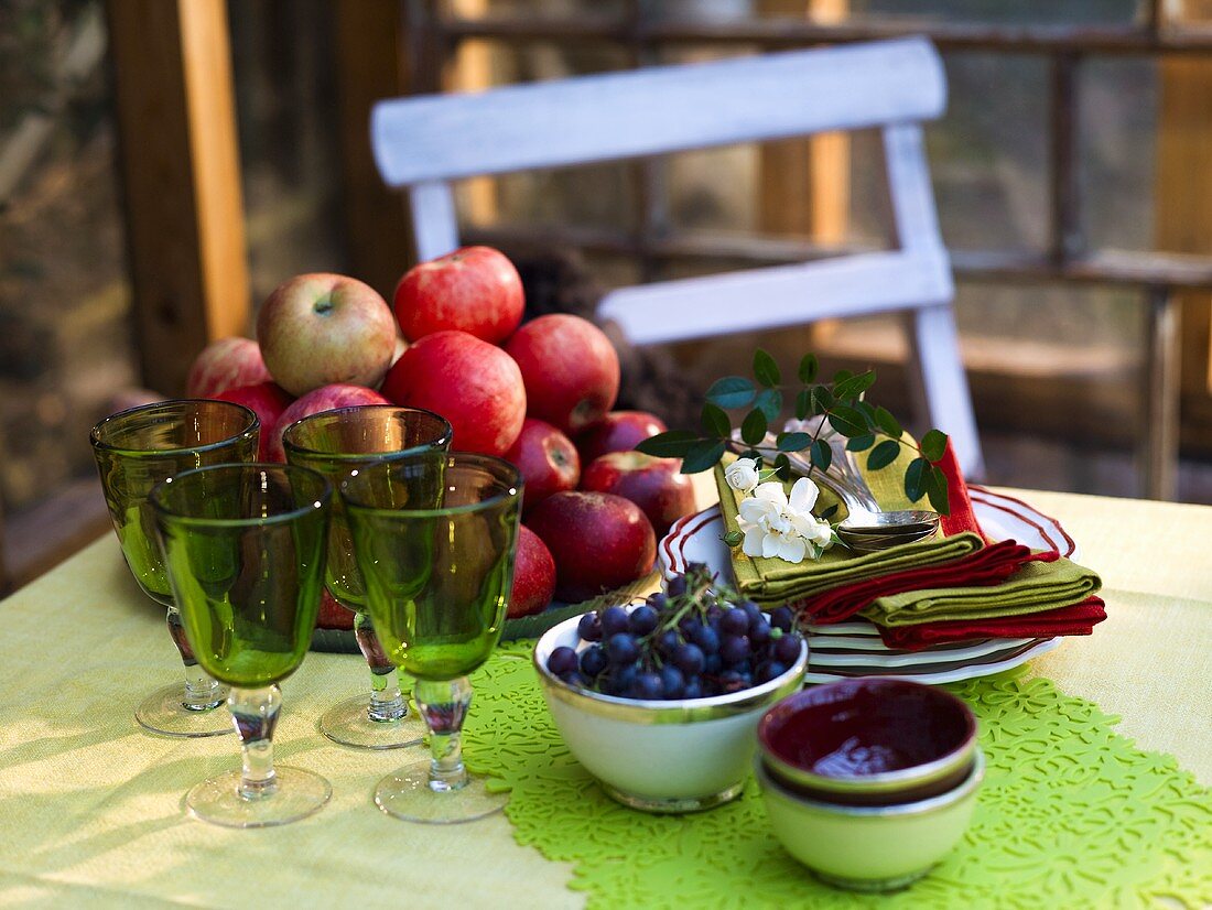 Tisch mit Tellern, Servietten, Gläsern und Obst im Garten