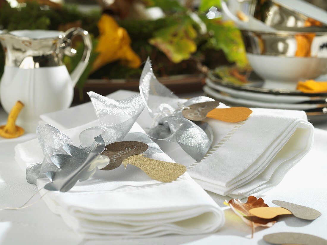 Table laid in white with autumnal decorations