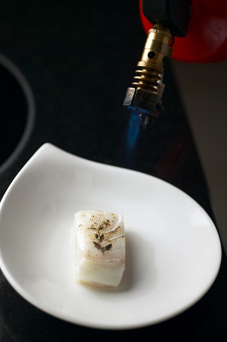 Cod fillet cooked with a blow torch (Molecular gastronomy)
