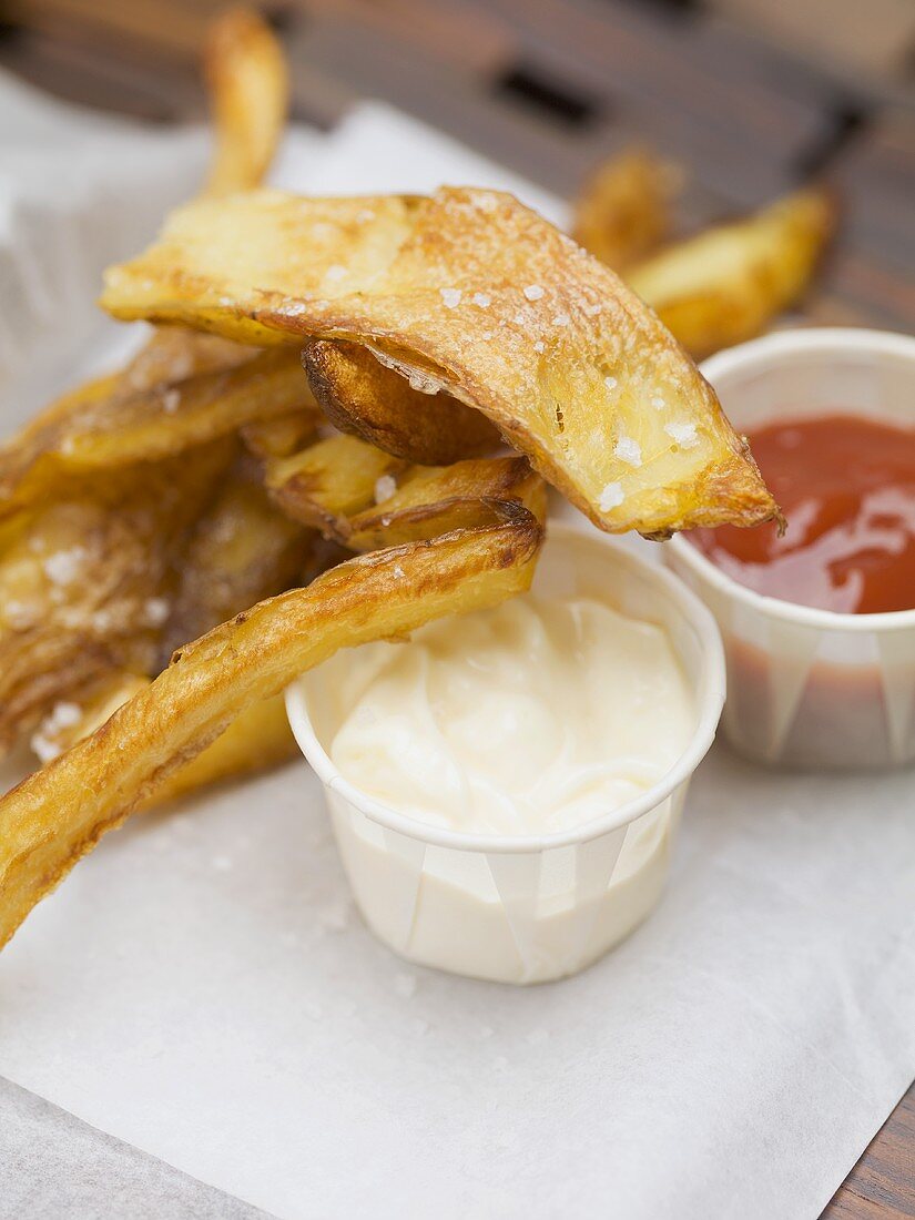 Chips with mayonnaise and ketchup