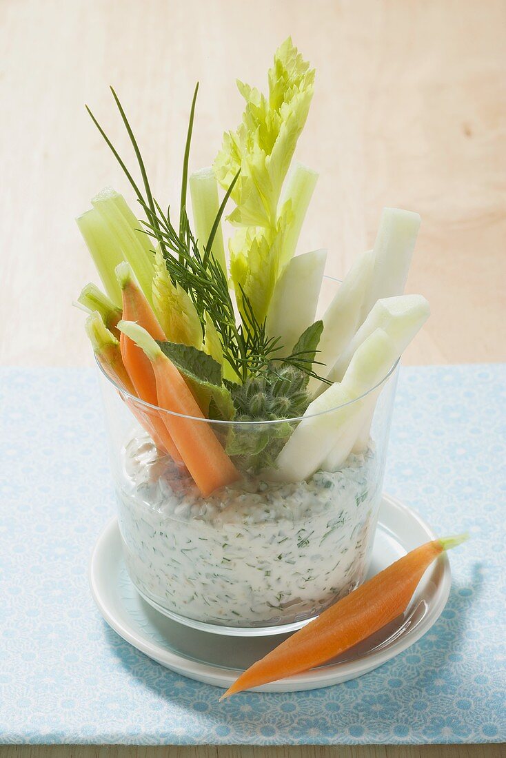 Raw vegetable sticks with herb quark dip
