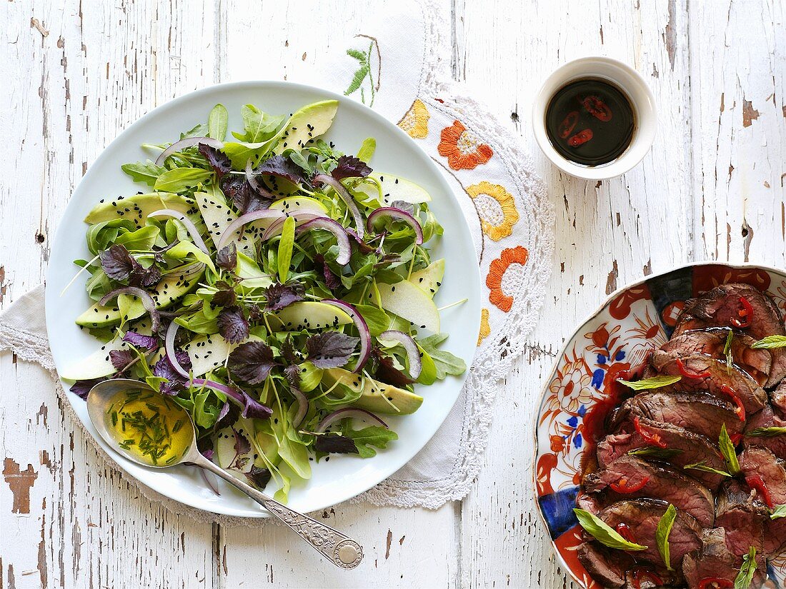 Avocado salad and beef salad