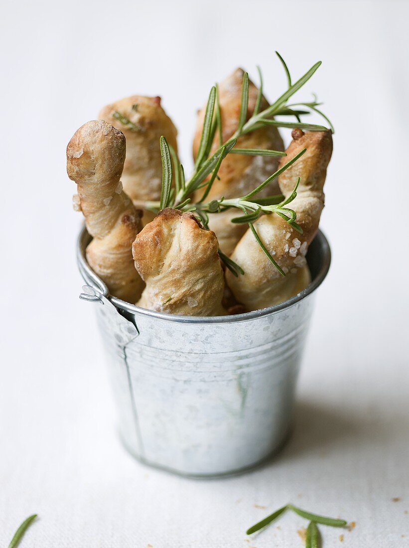 Rosemary bread with sea salt in a bucket