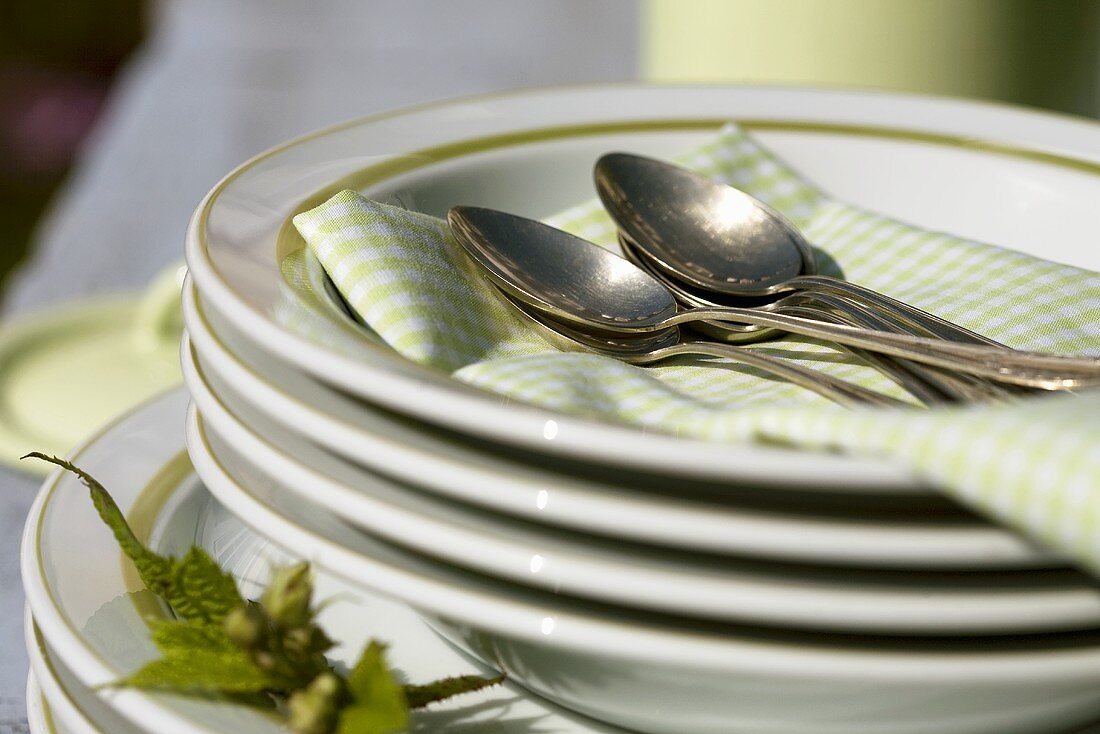 Several plates with spoons, napkin and raspberry leaves