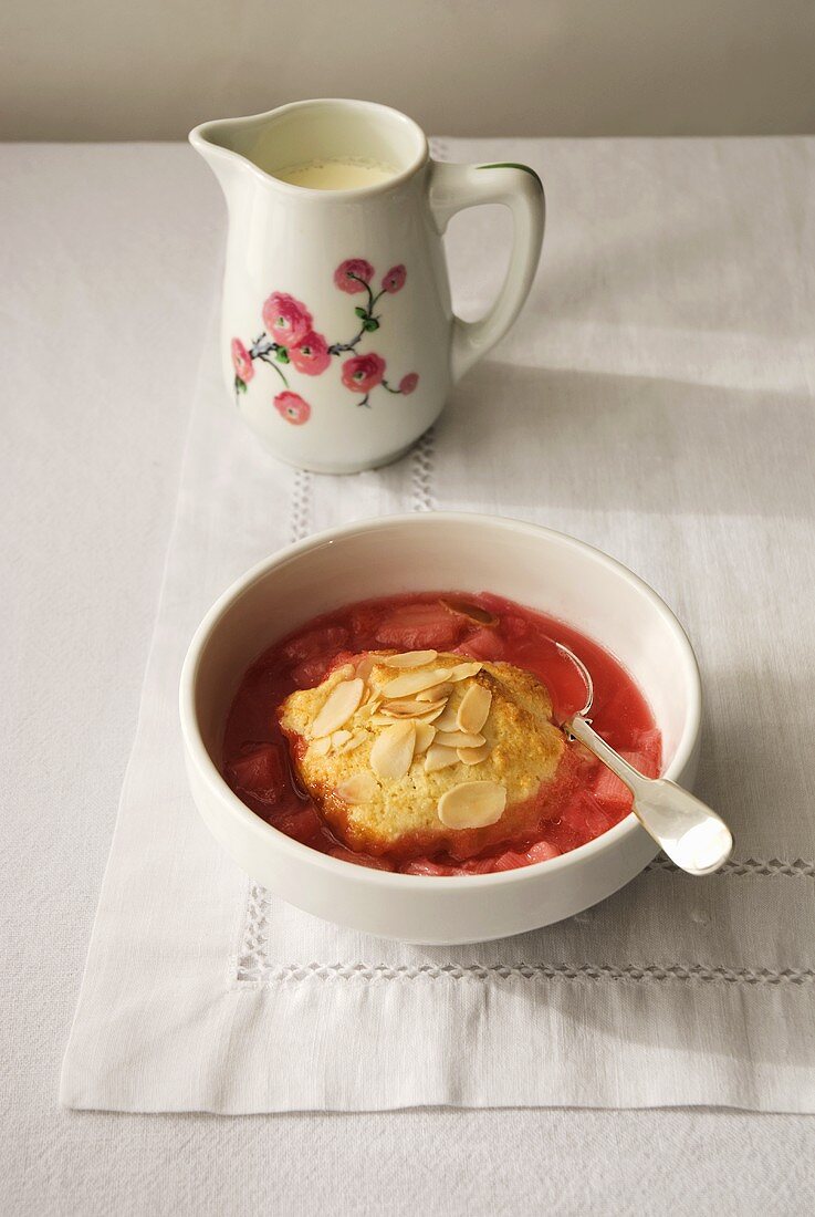 Almond soufflé with rhubarb compote