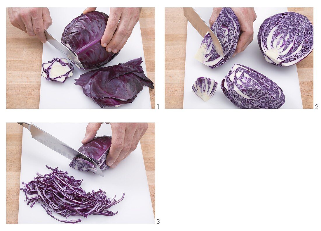 Rotkohl putzen und in Streifen schneiden