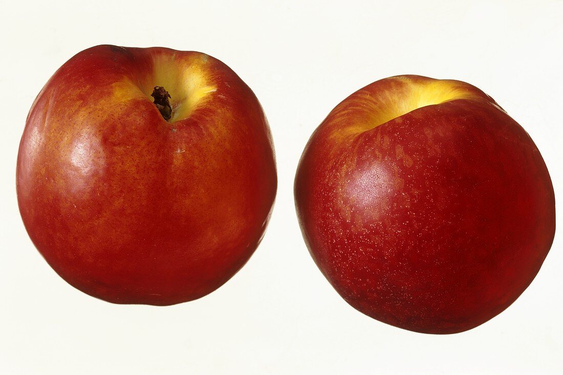 Two nectarines against white background