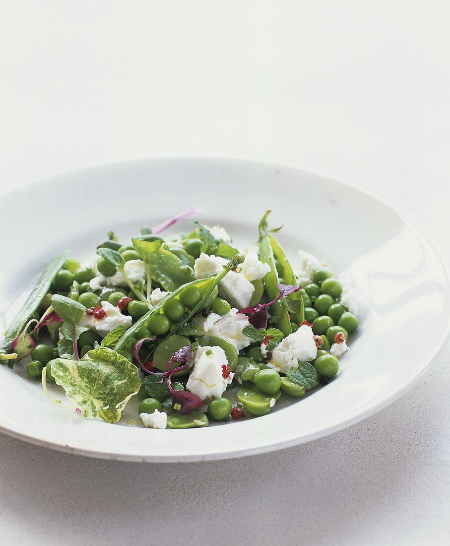 Pea salad with ricotta, red peppercorns and herbs