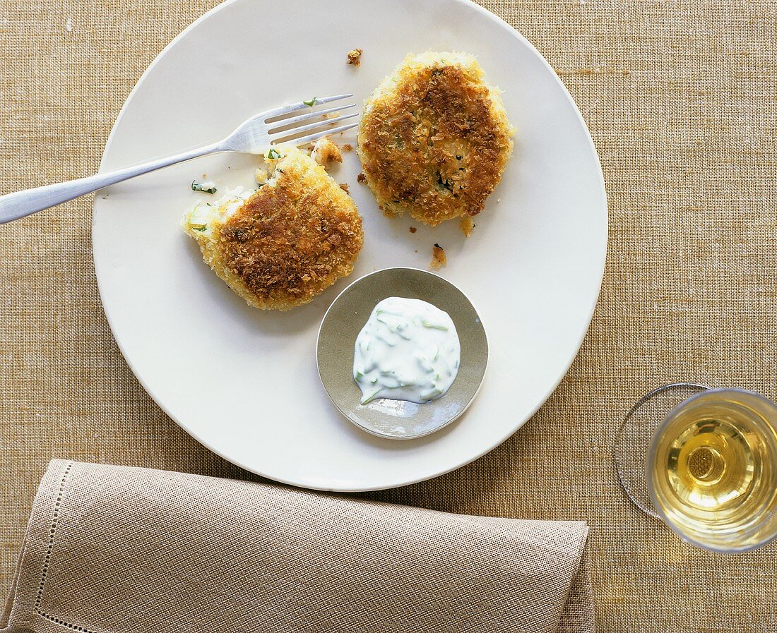 Crab cakes with herb yoghurt dip