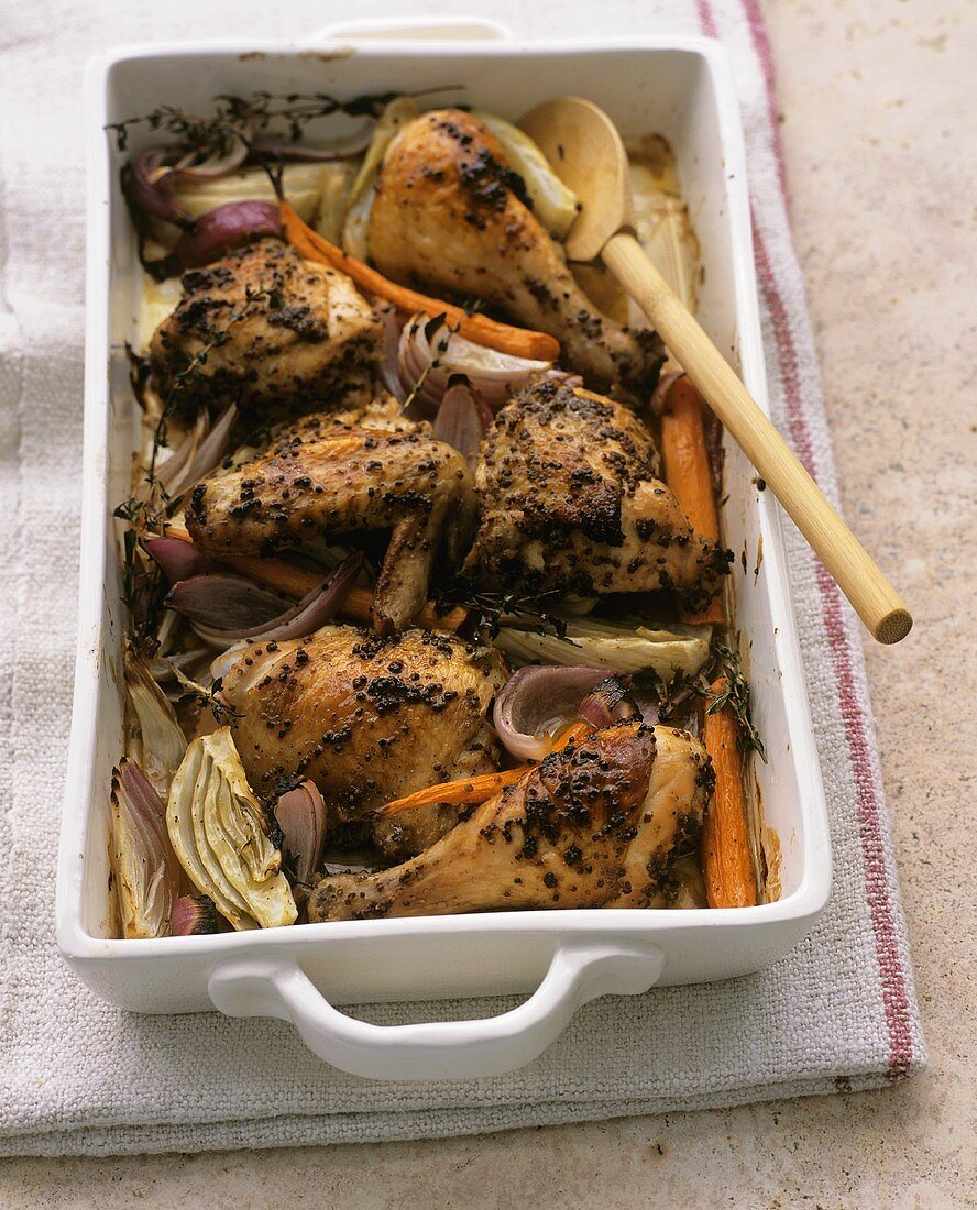 Roast chicken with mustard, shallots and fennel