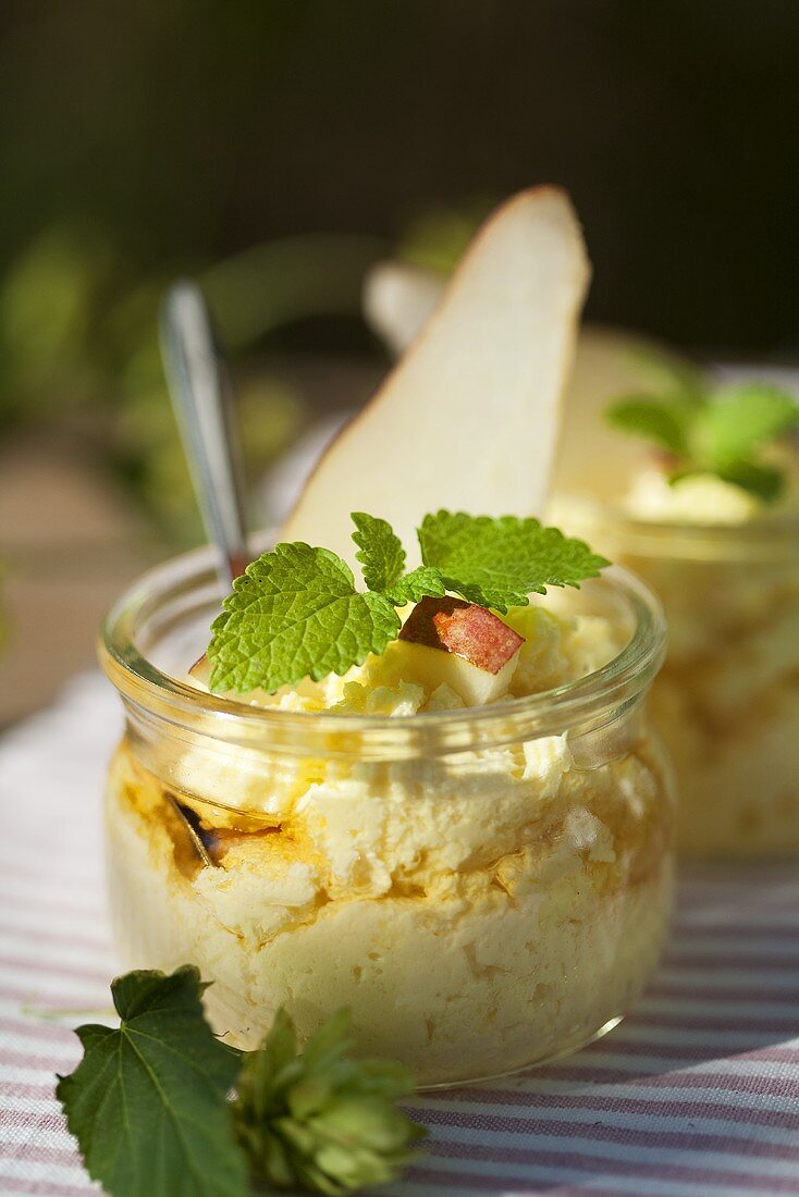 Vanilla quark with rum and pears